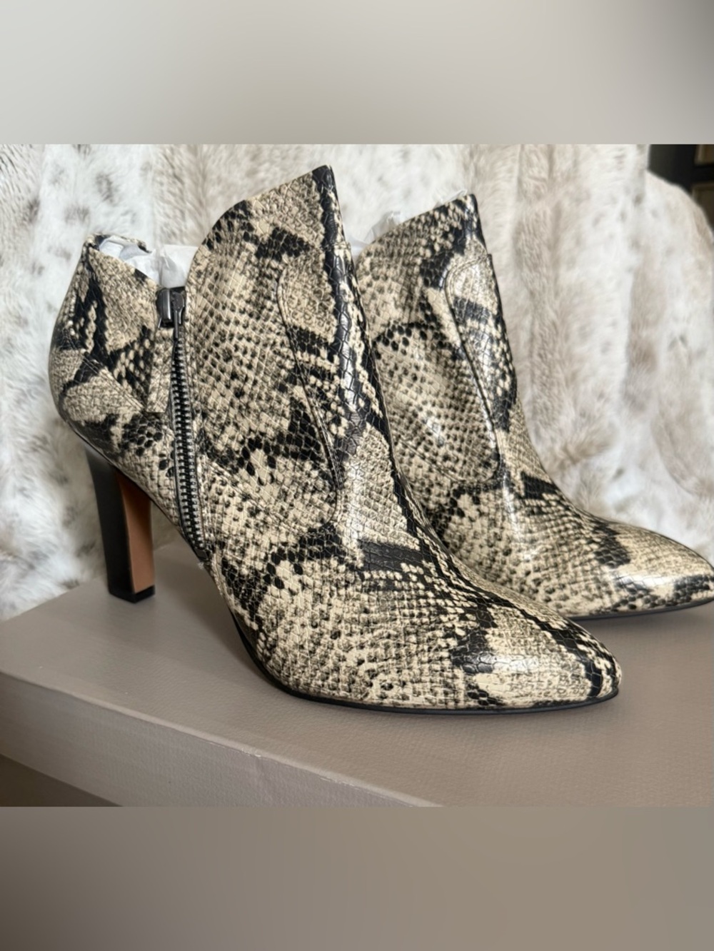 Franco Sarto Black and Cream Snakeskin Pointed Ankle Booties
